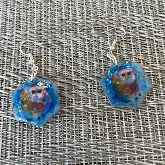 XMAS Handmade Festive Small Holiday Vibes Earrings Blue hexagon - Picture 8 of 13